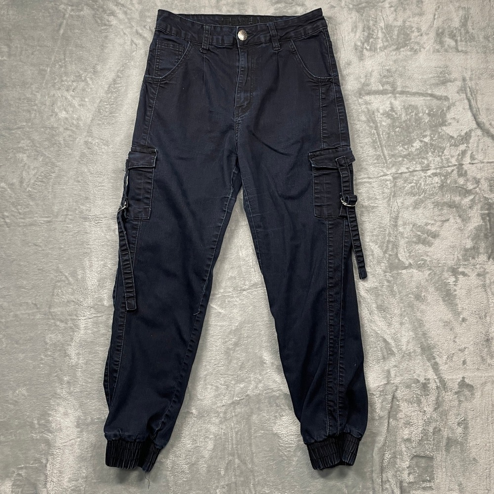 VIP Jeans Cargo Joggers Women Size 7/28 Dark Wash Black High Rise Utility Straps
